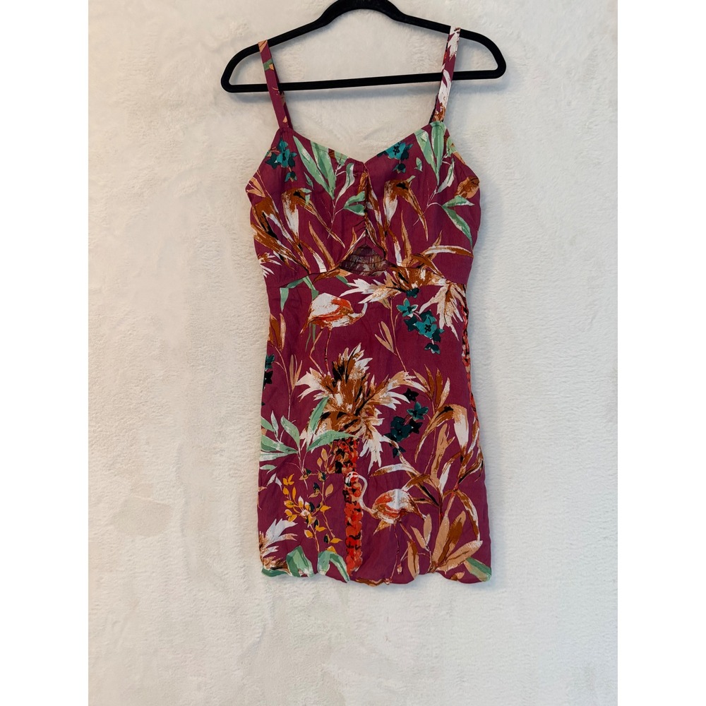 Express Tropical Flamingo Floral Mini Dress Womens Medium Burgundy Cutout Sun